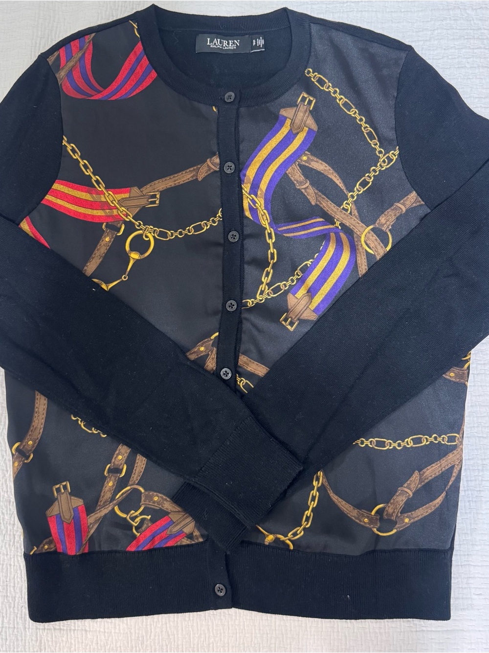 Lauren Ralph Lauren Black Cardigan with Gold Chain & Multicolor Strap Print